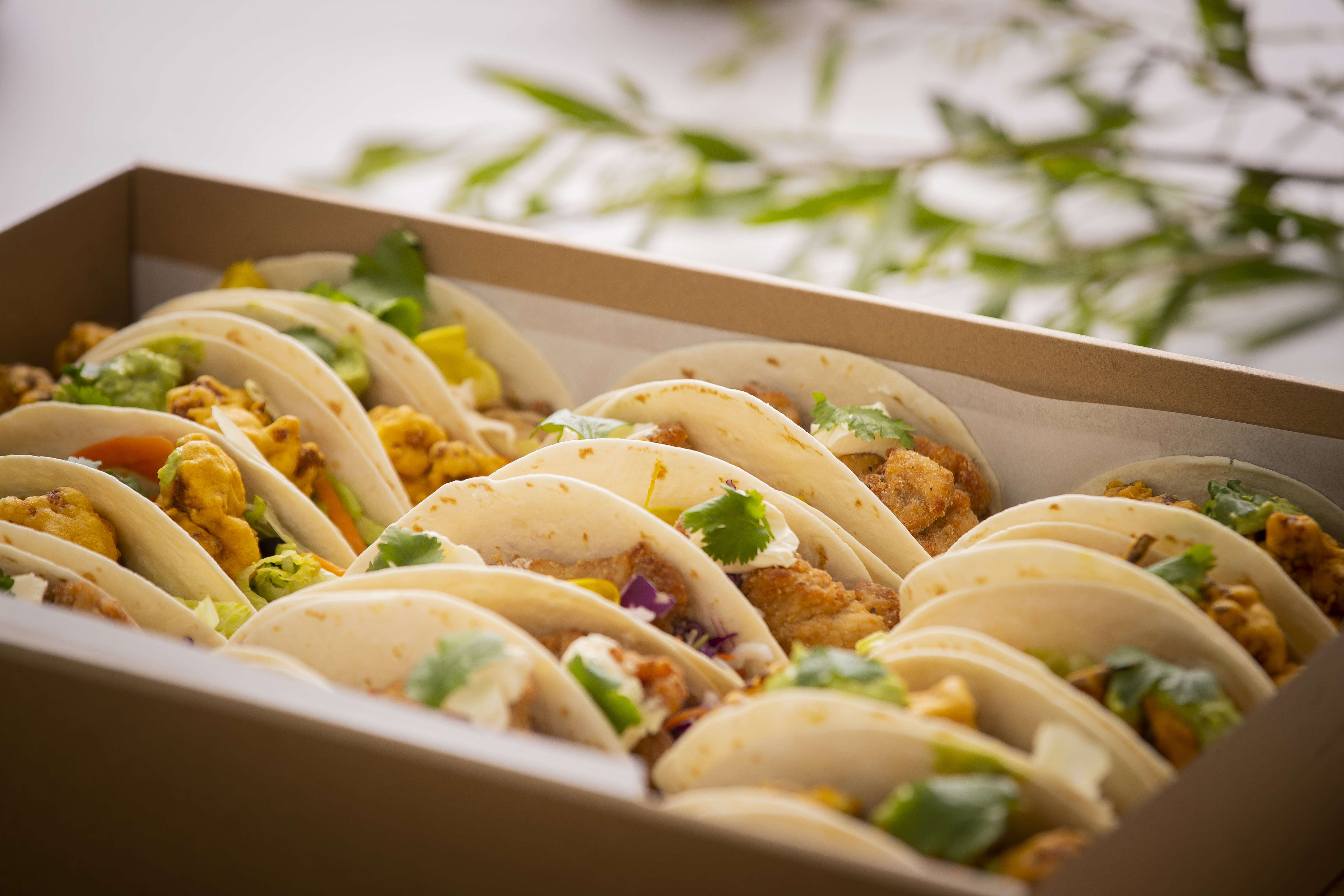 Close up photo of large taco box containing 20 tacos fillings include fried chicken and fried cauliflower. Photo: Richard Jupe.